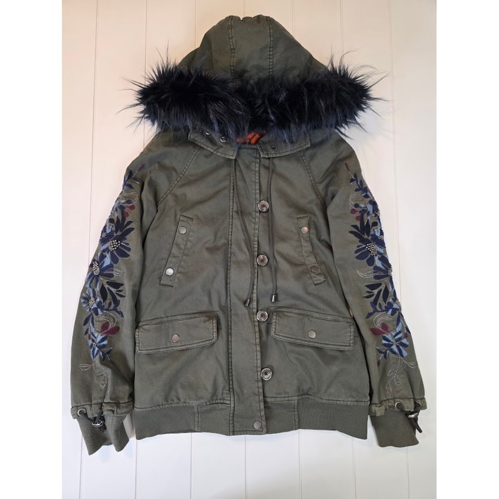 Free People XS Follow Me Close Parka Jacket Green Embroidered Faux Fur Hood